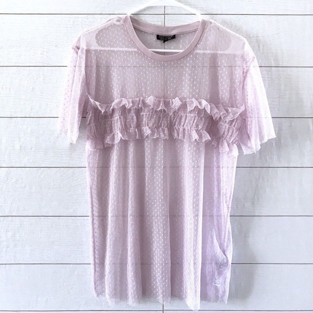 Topshop Purple Dobby Sheer Ruffle Mesh Top - Picture 3 of 8